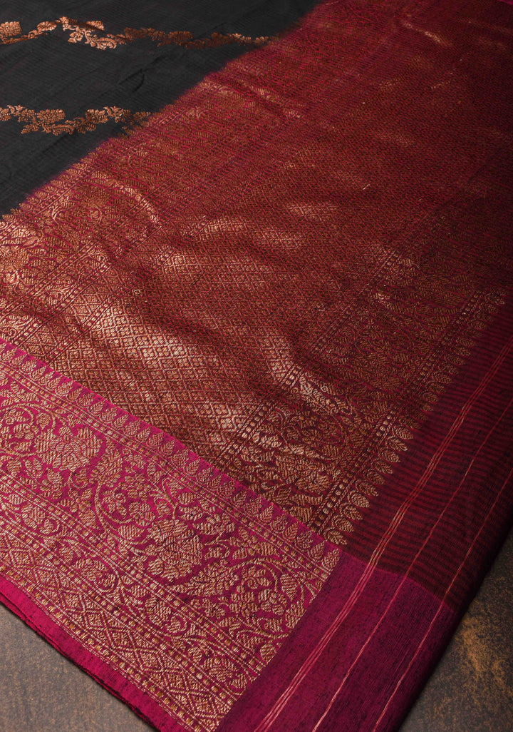 Black Raw Silk Saree with Antique tone Leheria Pattern and Contrast Border | SILK MARK CERTIFIED