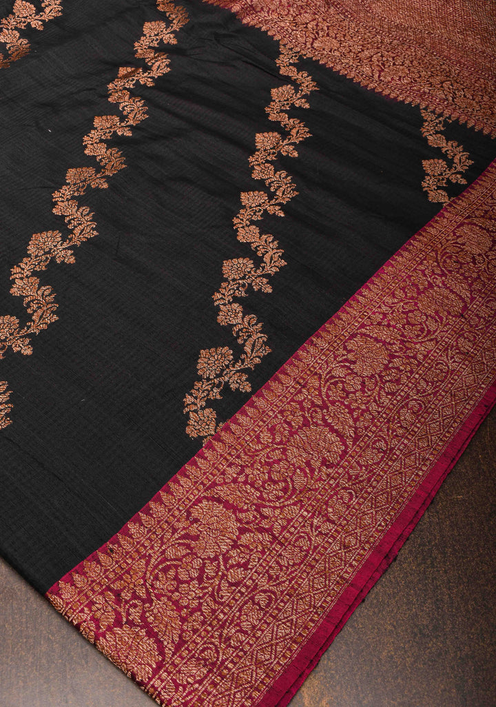 Black Raw Silk Saree with Antique tone Leheria Pattern and Contrast Border | SILK MARK CERTIFIED