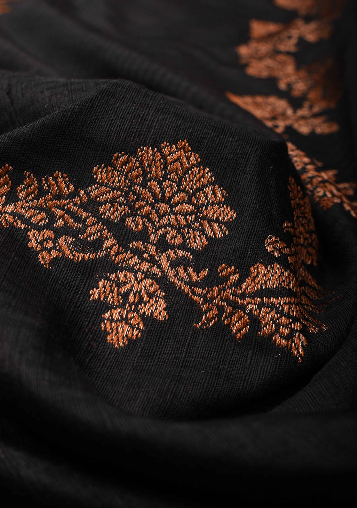 Black Raw Silk Saree with Antique tone Leheria Pattern and Contrast Border | SILK MARK CERTIFIED