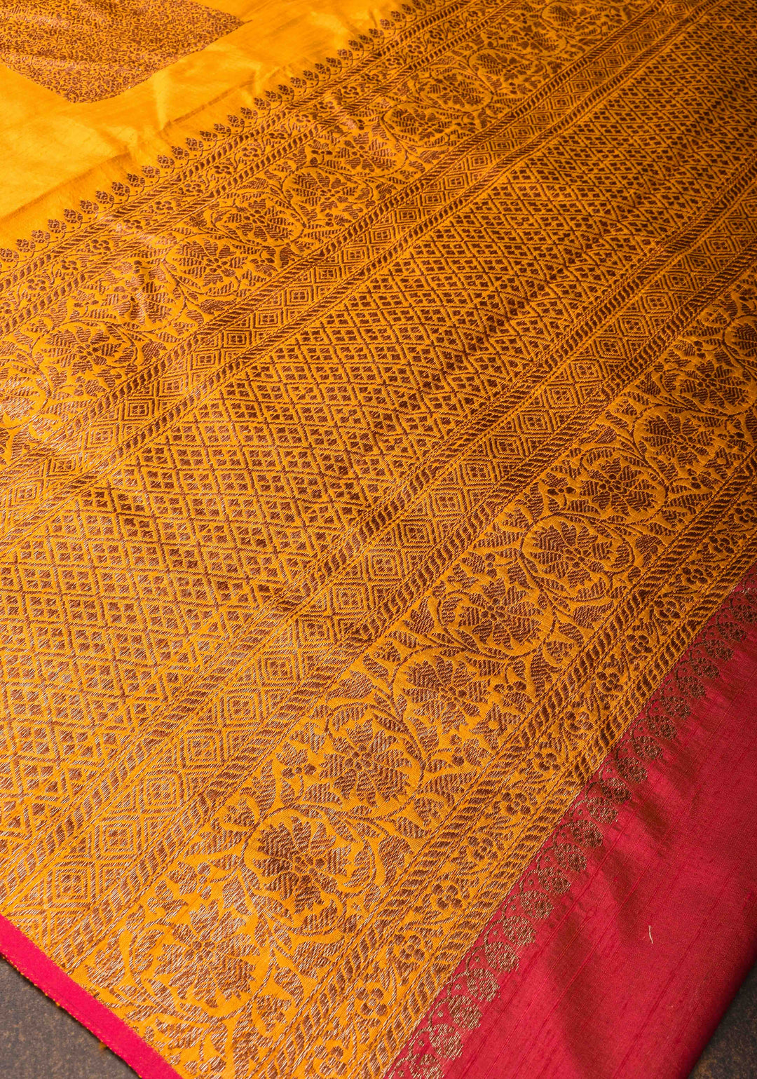 Yellow Banarasi Raw Silk Saree with Antique Geometric Motifs  | SILK MARK CERTIFIED