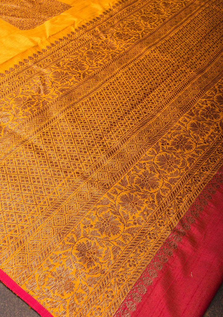 Yellow Banarasi Raw Silk Saree with Antique Geometric Motifs  | SILK MARK CERTIFIED