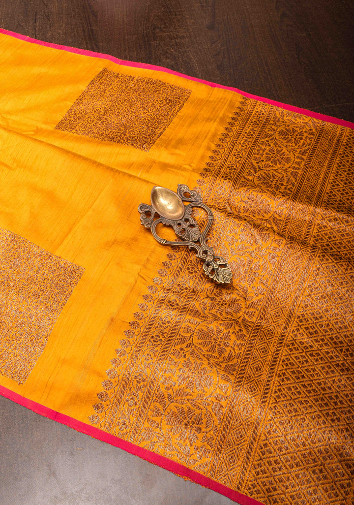 Yellow Banarasi Raw Silk Saree with Antique Geometric Motifs  | SILK MARK CERTIFIED