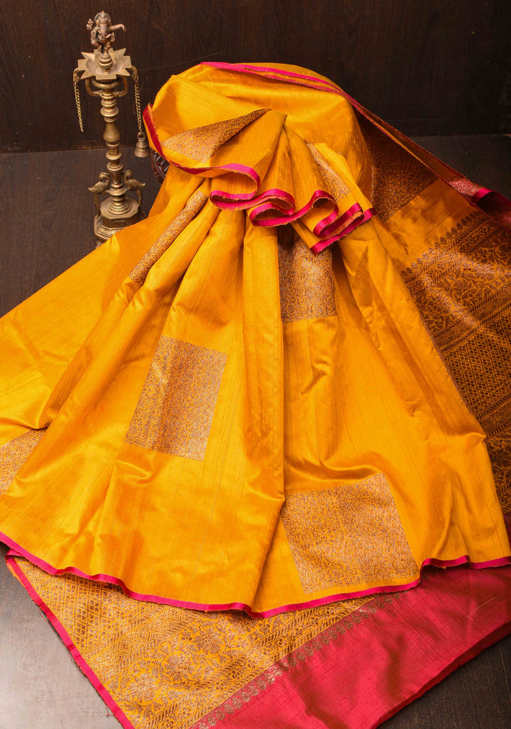 Yellow Banarasi Raw Silk Saree with Antique Geometric Motifs  | SILK MARK CERTIFIED