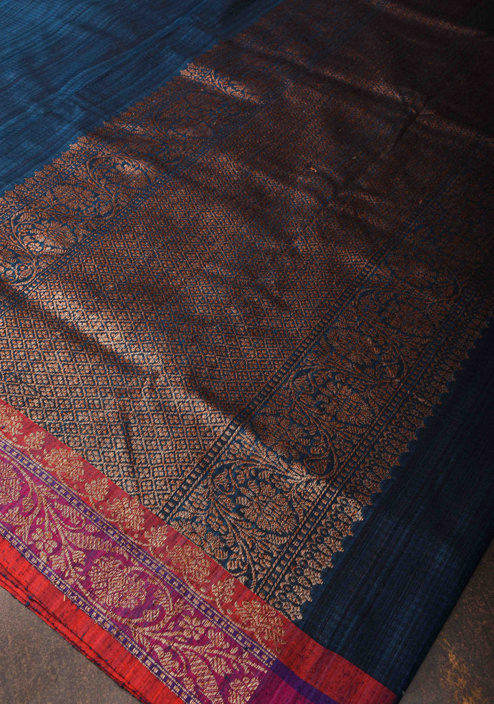 Pure Banarasi Dupion Silk Saree in Prussian Blue with Contrast Zari Border | SILK MARK CERTIFIED