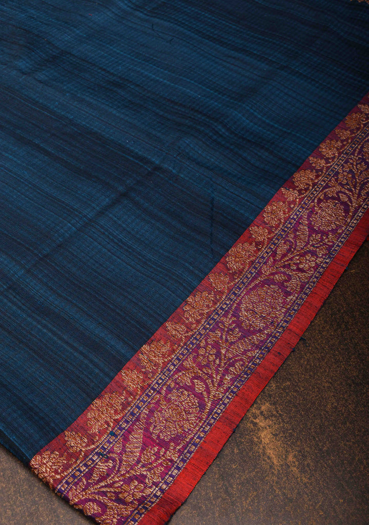 Pure Banarasi Dupion Silk Saree in Prussian Blue with Contrast Zari Border | SILK MARK CERTIFIED