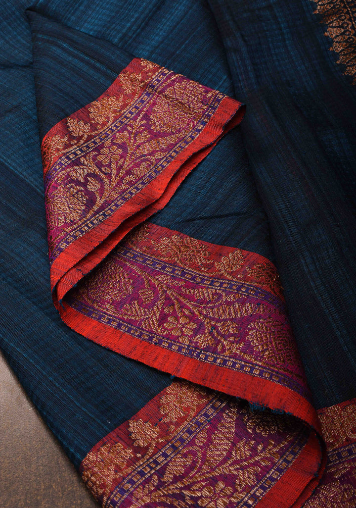 Pure Banarasi Dupion Silk Saree in Prussian Blue with Contrast Zari Border | SILK MARK CERTIFIED