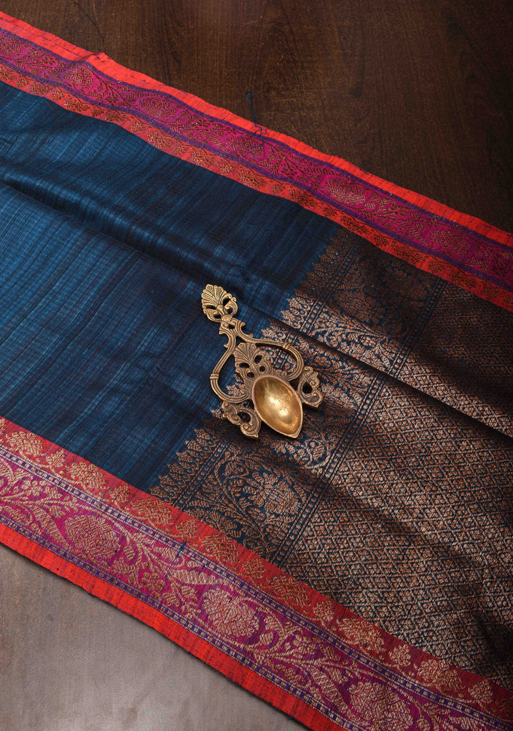 Pure Banarasi Dupion Silk Saree in Prussian Blue with Contrast Zari Border | SILK MARK CERTIFIED