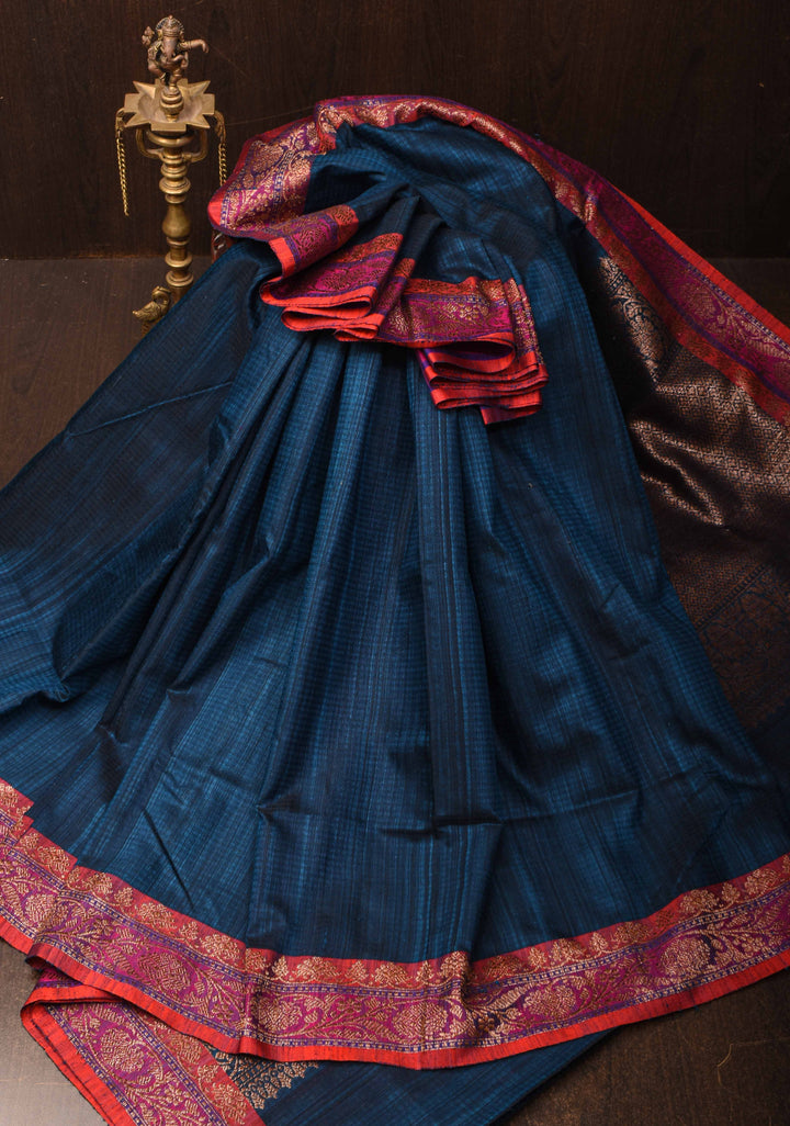 Pure Banarasi Dupion Silk Saree in Prussian Blue with Contrast Zari Border | SILK MARK CERTIFIED