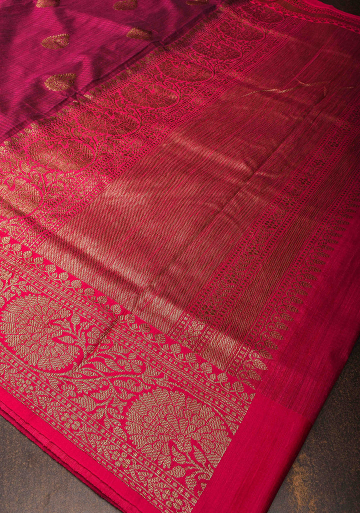 Pure Banarasi Dupion Silk Saree in Maroon with Damask Buttas and Contrast Zari Border | SILK MARK CERTIFIED
