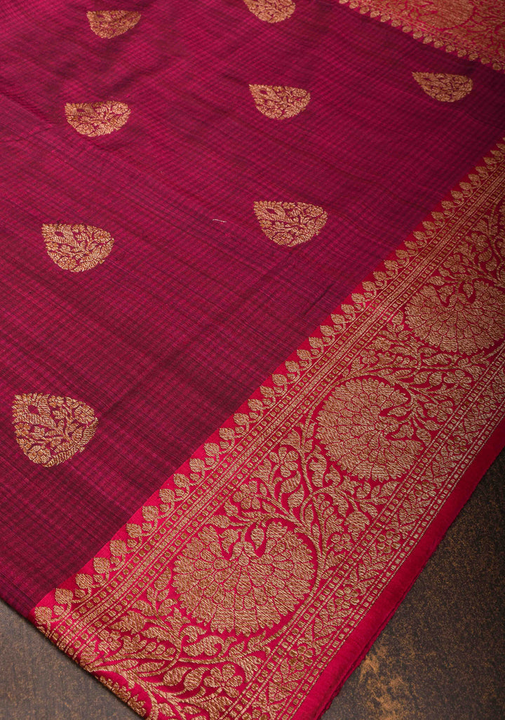 Pure Banarasi Dupion Silk Saree in Maroon with Damask Buttas and Contrast Zari Border | SILK MARK CERTIFIED