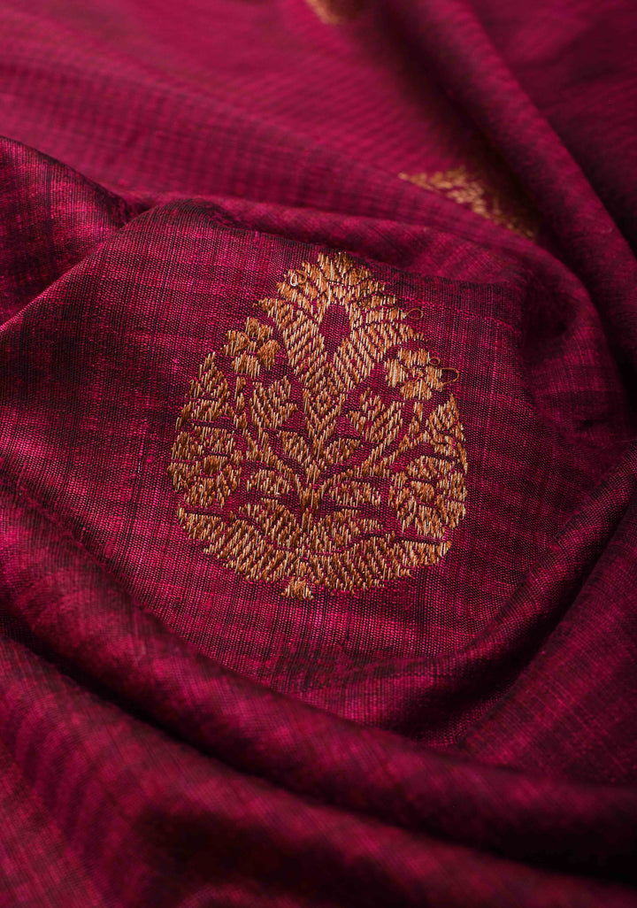Pure Banarasi Dupion Silk Saree in Maroon with Damask Buttas and Contrast Zari Border | SILK MARK CERTIFIED