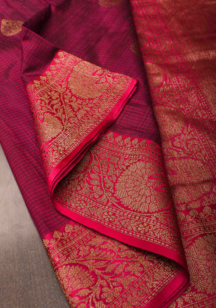 Pure Banarasi Dupion Silk Saree in Maroon with Damask Buttas and Contrast Zari Border | SILK MARK CERTIFIED