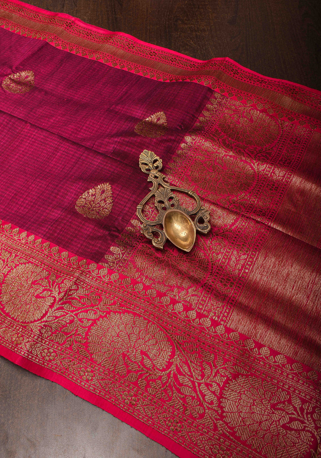 Pure Banarasi Dupion Silk Saree in Maroon with Damask Buttas and Contrast Zari Border | SILK MARK CERTIFIED