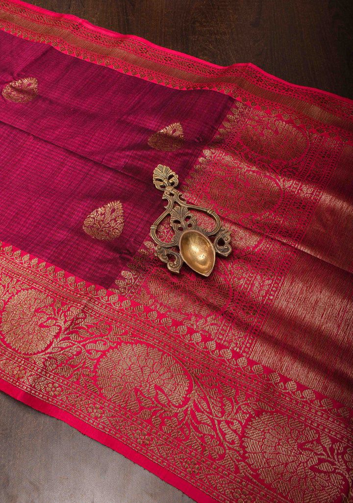 Pure Banarasi Dupion Silk Saree in Maroon with Damask Buttas and Contrast Zari Border | SILK MARK CERTIFIED
