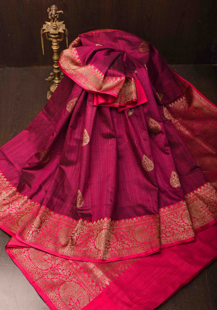 Pure Banarasi Dupion Silk Saree in Maroon with Damask Buttas and Contrast Zari Border | SILK MARK CERTIFIED