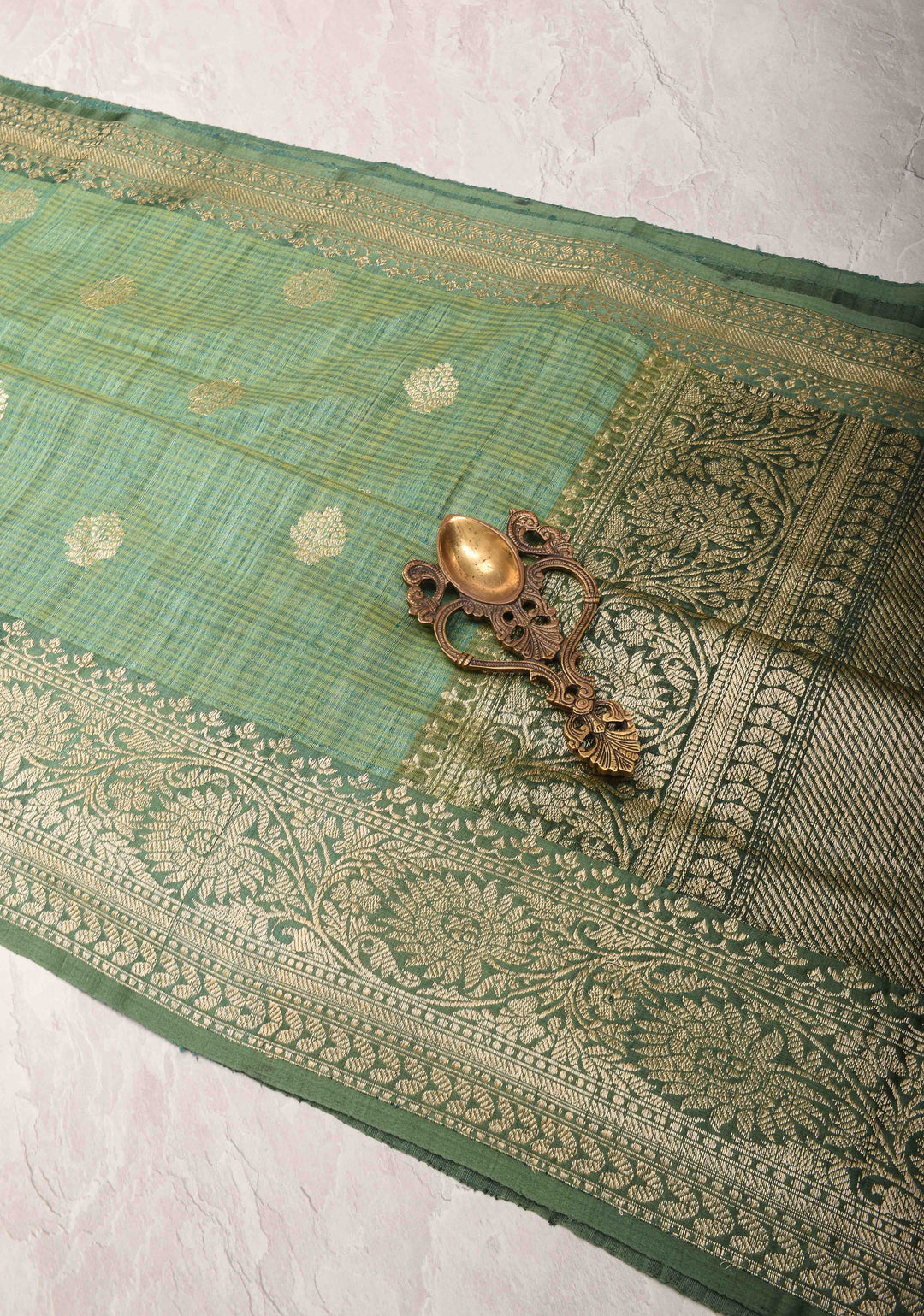 Green Dupion Banarasi Silk Saree with Floral Butta and zari Border | SILK MARK CERTIFIED