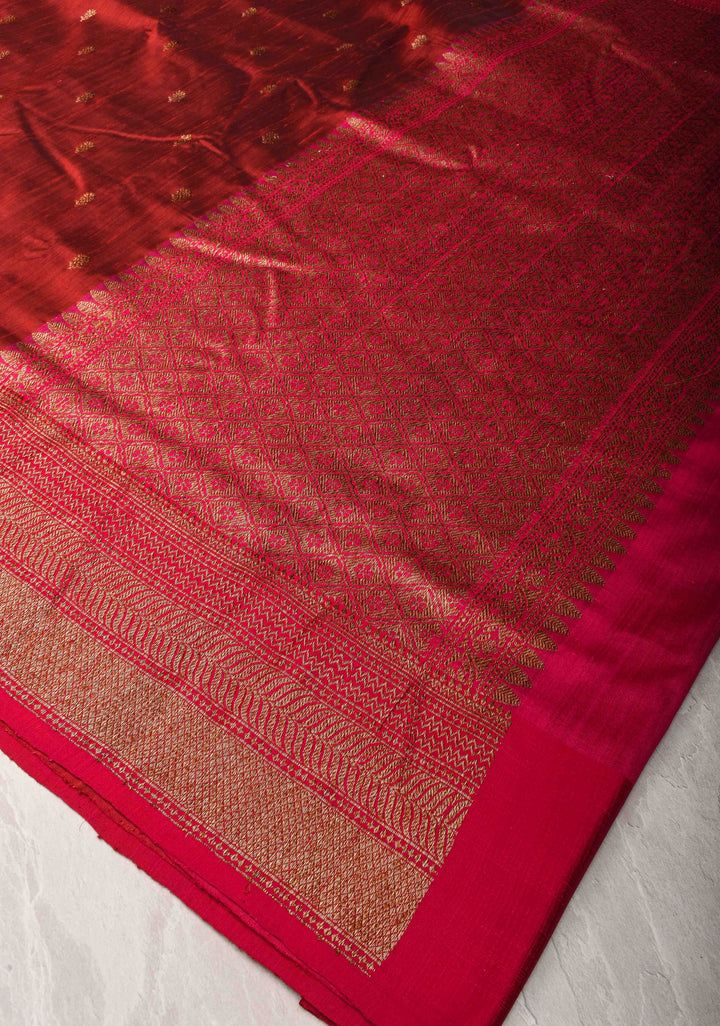 Pure Banarasi Dupion Silk Saree in Brick Red with Antique Zari Butta And Zari Border | SILK MARK CERTIFIED