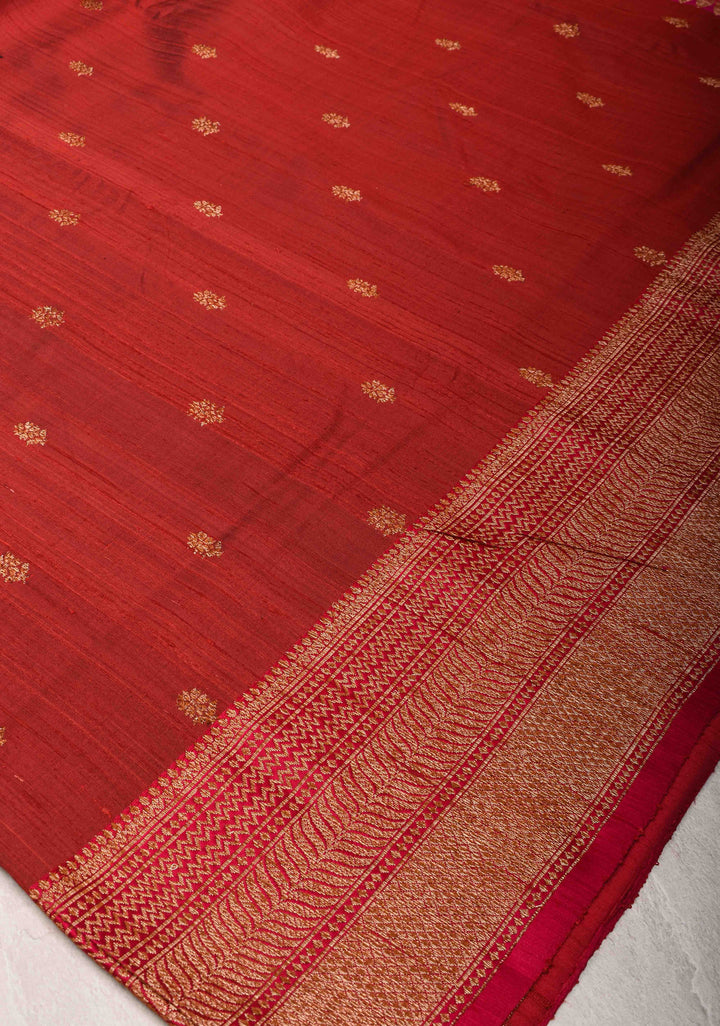 Pure Banarasi Dupion Silk Saree in Brick Red with Antique Zari Butta And Zari Border | SILK MARK CERTIFIED