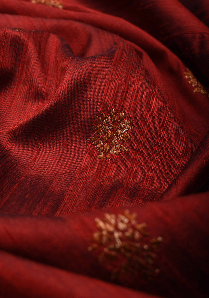 Pure Banarasi Dupion Silk Saree in Brick Red with Antique Zari Butta And Zari Border | SILK MARK CERTIFIED