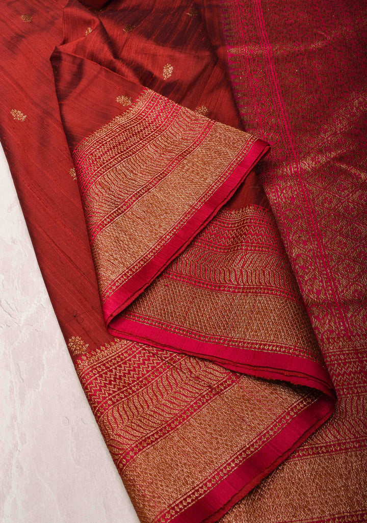 Pure Banarasi Dupion Silk Saree in Brick Red with Antique Zari Butta And Zari Border | SILK MARK CERTIFIED