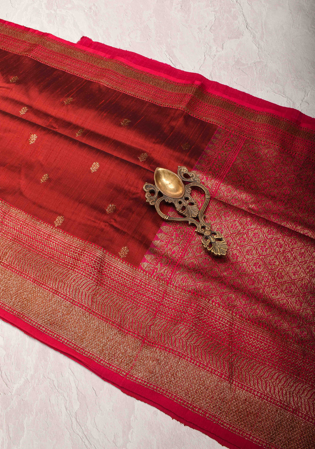 Pure Banarasi Dupion Silk Saree in Brick Red with Antique Zari Butta And Zari Border | SILK MARK CERTIFIED