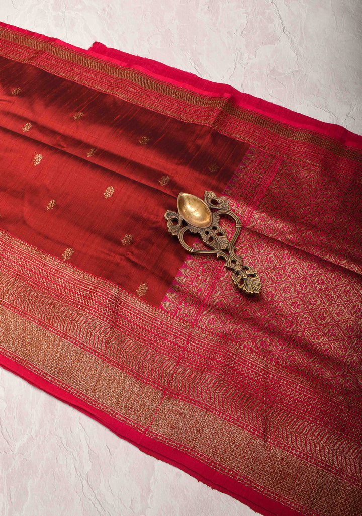 Pure Banarasi Dupion Silk Saree in Brick Red with Antique Zari Butta And Zari Border | SILK MARK CERTIFIED