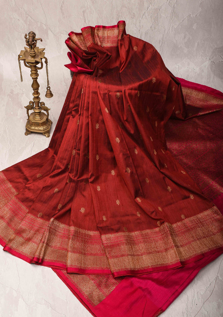 Pure Banarasi Dupion Silk Saree in Brick Red with Antique Zari Butta And Zari Border | SILK MARK CERTIFIED