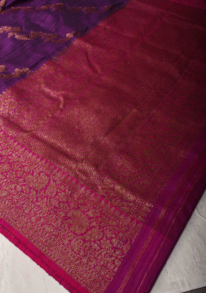 Eggplant Dupion Banarasi Pure Silk Saree with leheria Stripes pattern and Zari borders | SILK MARK CERTIFIED