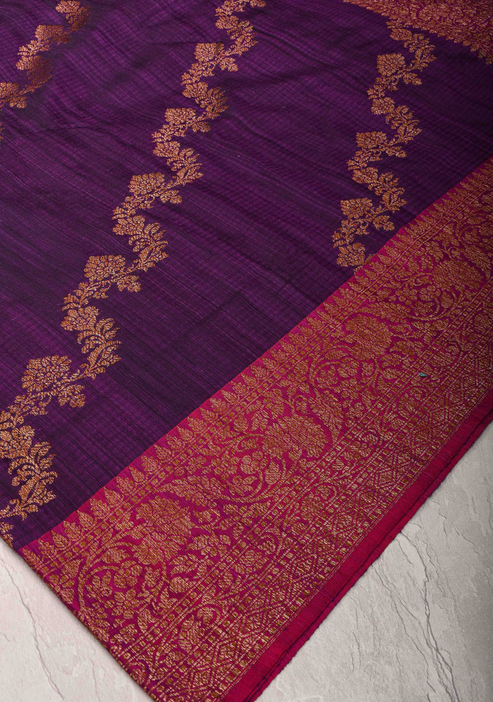 Eggplant Dupion Banarasi Pure Silk Saree with leheria Stripes pattern and Zari borders | SILK MARK CERTIFIED