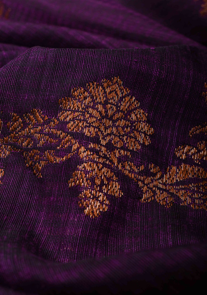 Eggplant Dupion Banarasi Pure Silk Saree with leheria Stripes pattern and Zari borders | SILK MARK CERTIFIED