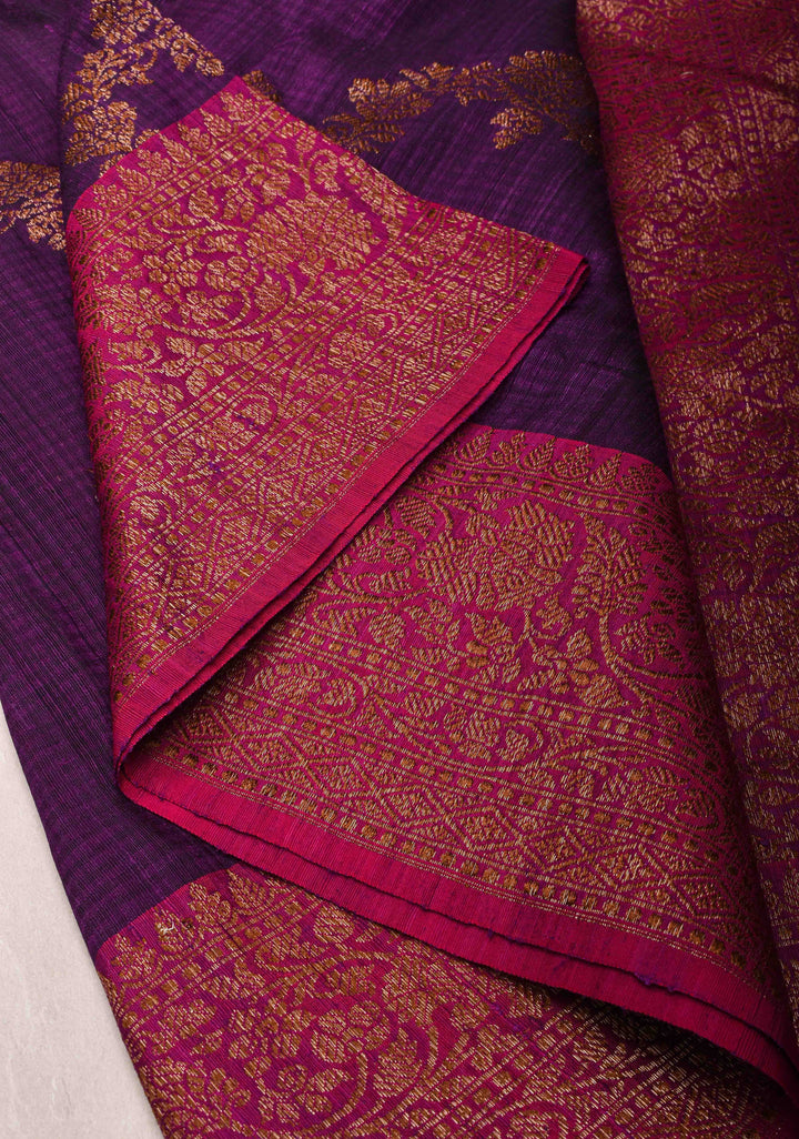 Eggplant Dupion Banarasi Pure Silk Saree with leheria Stripes pattern and Zari borders | SILK MARK CERTIFIED