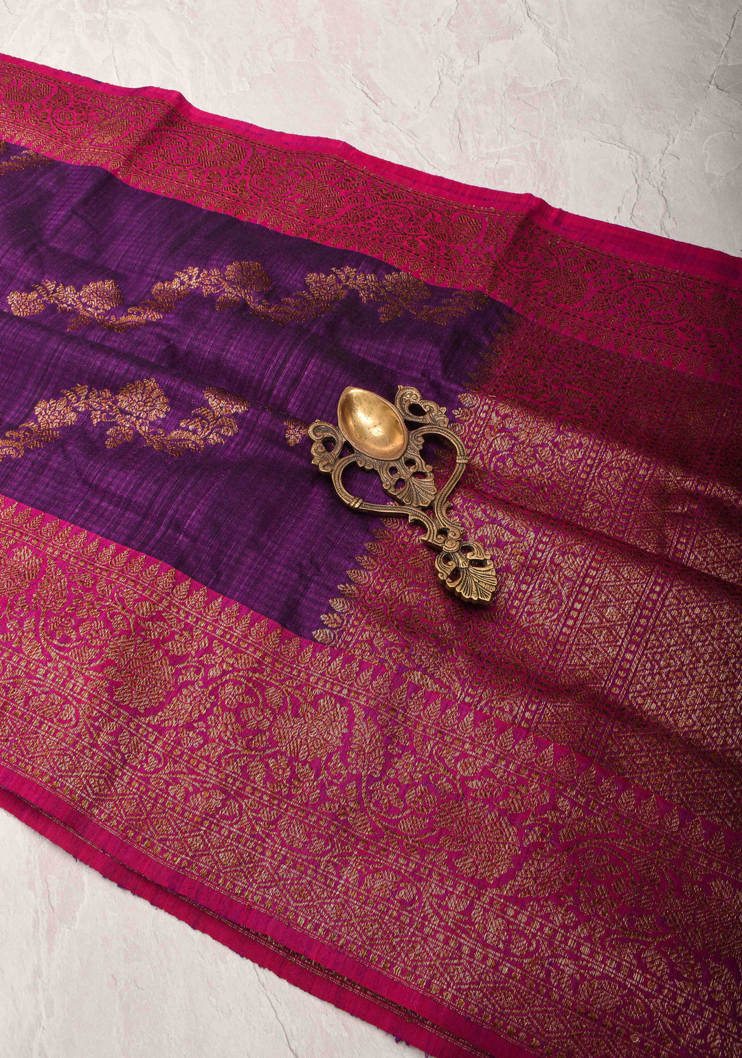 Eggplant Dupion Banarasi Pure Silk Saree with leheria Stripes pattern and Zari borders | SILK MARK CERTIFIED