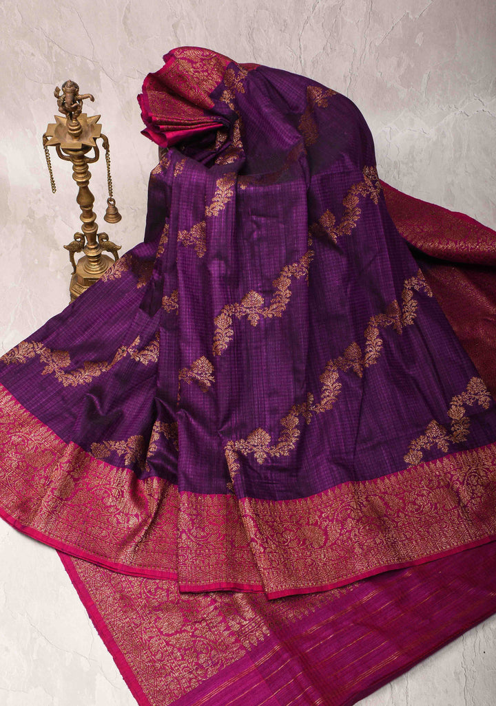 Eggplant Dupion Banarasi Pure Silk Saree with leheria Stripes pattern and Zari borders | SILK MARK CERTIFIED