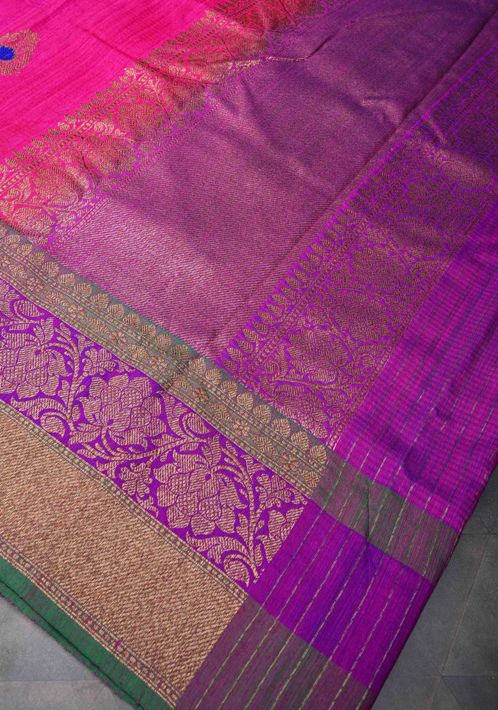 Pink Pure Banarasi Dupion Silk Saree with Meenakari Antique Zari Buttas and Two tone Border | SILK MARK CERTIFIED