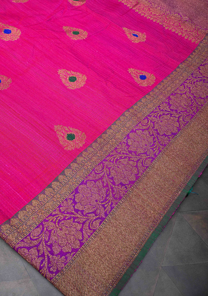 Pink Pure Banarasi Dupion Silk Saree with Meenakari Antique Zari Buttas and Two tone Border | SILK MARK CERTIFIED