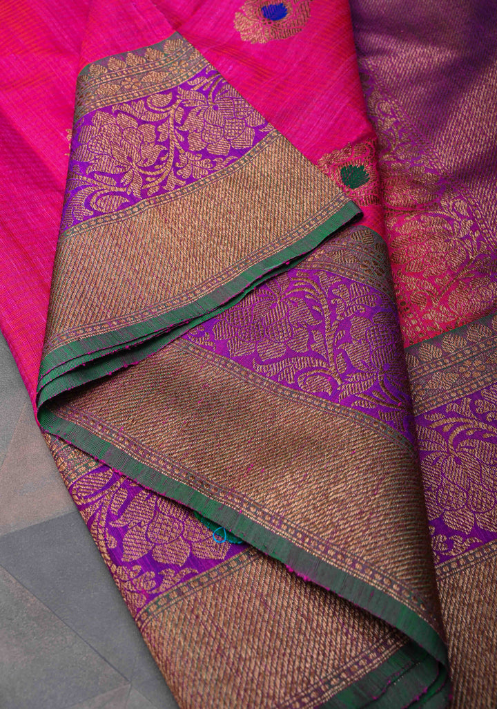 Pink Pure Banarasi Dupion Silk Saree with Meenakari Antique Zari Buttas and Two tone Border | SILK MARK CERTIFIED