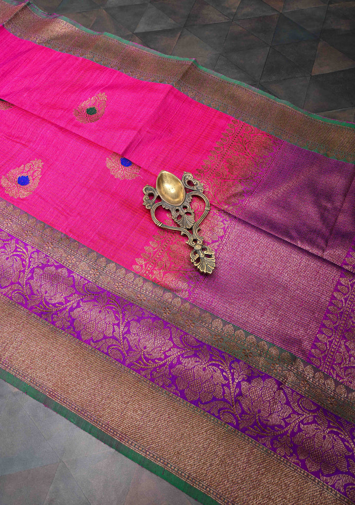 Pink Pure Banarasi Dupion Silk Saree with Meenakari Antique Zari Buttas and Two tone Border | SILK MARK CERTIFIED
