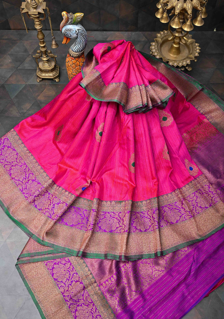 Pink Pure Banarasi Dupion Silk Saree with Meenakari Antique Zari Buttas and Two tone Border | SILK MARK CERTIFIED