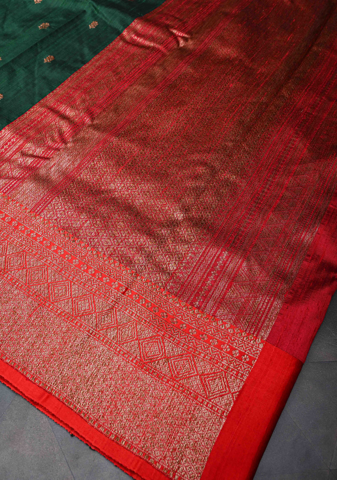 Banarasi Raw Silk Saree In Forest Green with Antique buttas and Zari Border | SILK MARK CERTIFIED