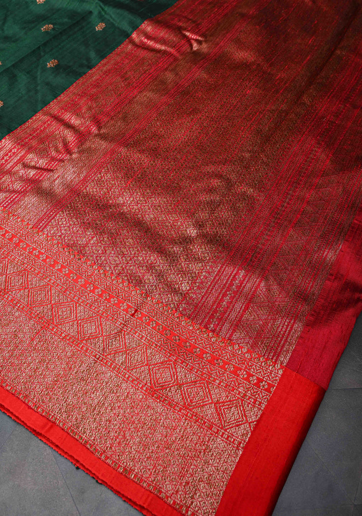 Banarasi Raw Silk Saree In Forest Green with Antique buttas and Zari Border | SILK MARK CERTIFIED