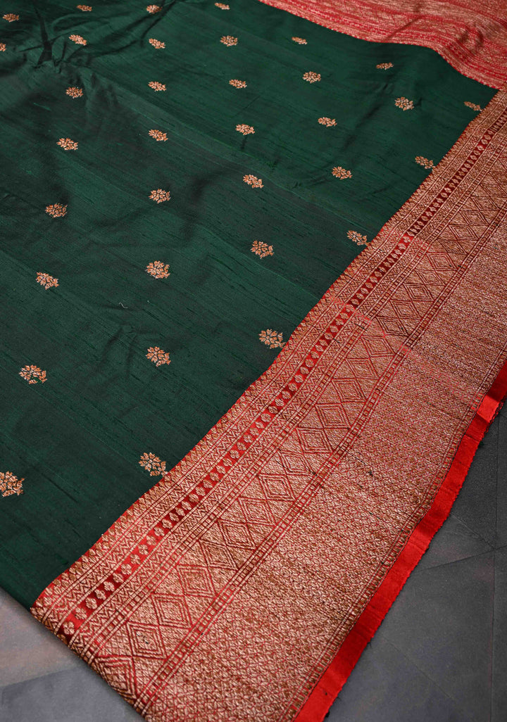 Banarasi Raw Silk Saree In Forest Green with Antique buttas and Zari Border | SILK MARK CERTIFIED