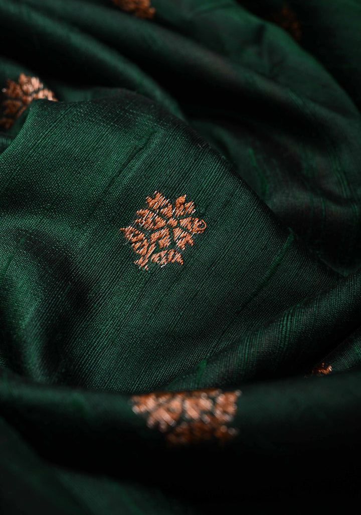 Banarasi Raw Silk Saree In Forest Green with Antique buttas and Zari Border | SILK MARK CERTIFIED
