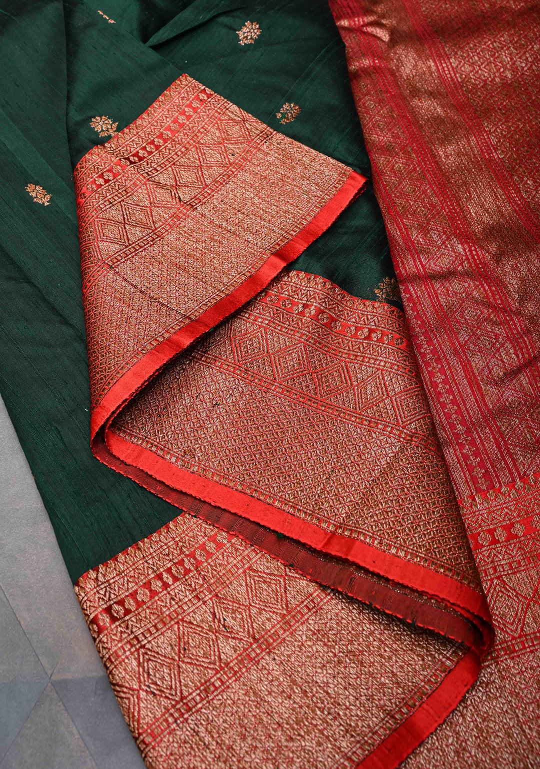 Banarasi Raw Silk Saree In Forest Green with Antique buttas and Zari Border | SILK MARK CERTIFIED