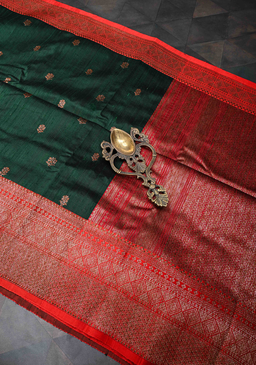 Banarasi Raw Silk Saree In Forest Green with Antique buttas and Zari Border | SILK MARK CERTIFIED