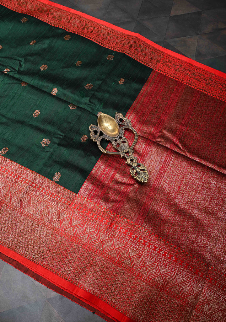 Banarasi Raw Silk Saree In Forest Green with Antique buttas and Zari Border | SILK MARK CERTIFIED
