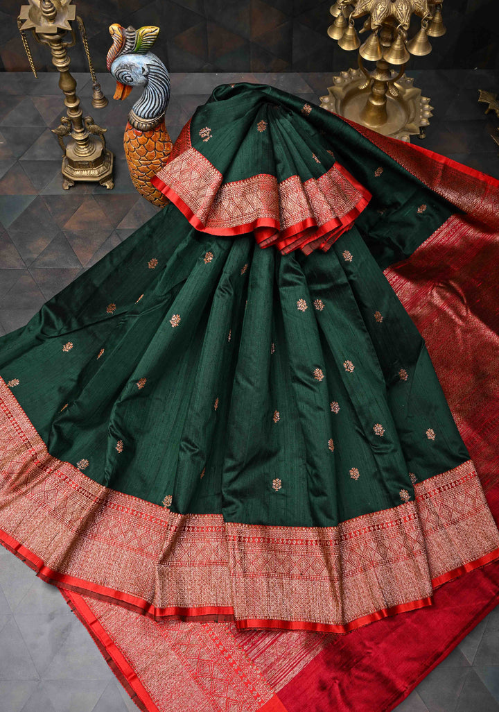 Banarasi Raw Silk Saree In Forest Green with Antique buttas and Zari Border | SILK MARK CERTIFIED