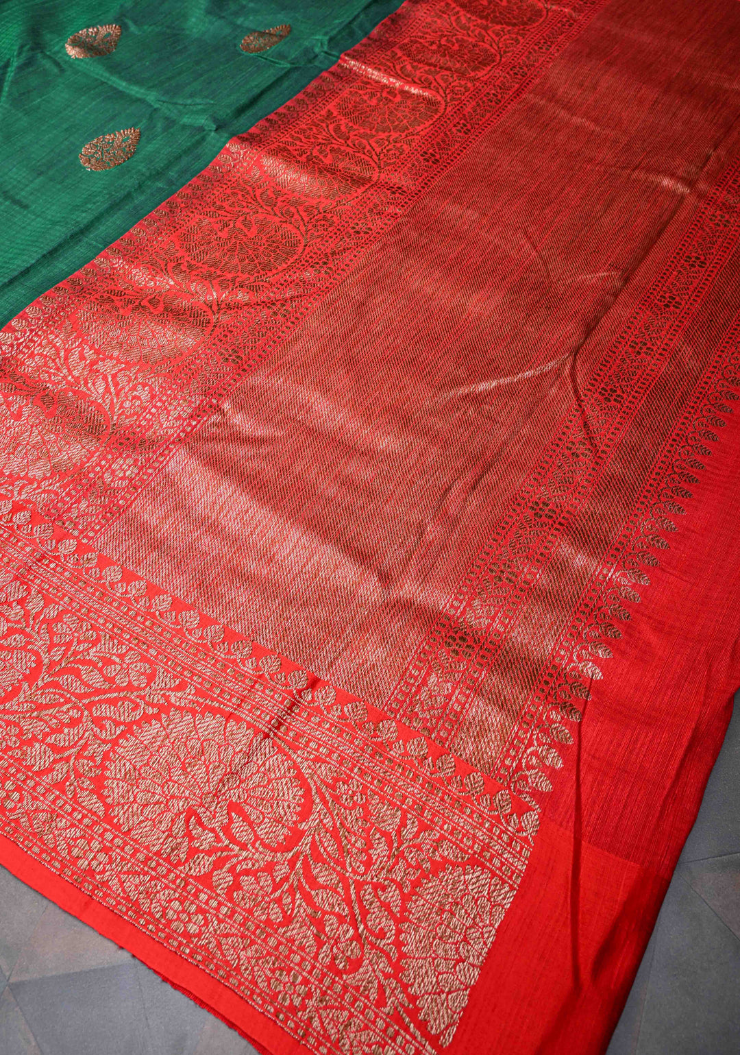 Bottle Green Pure Banarasi Dupion Silk Saree with Antique Zari Buttas and Contrast Zari Border | SILK MARK CERTIFIED