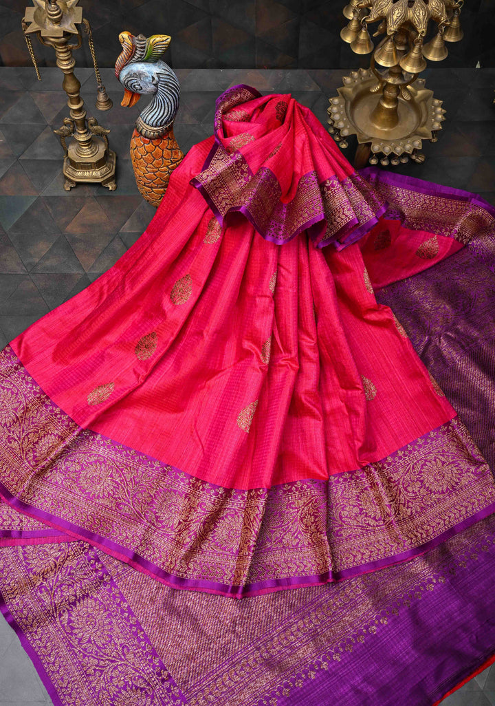 Amaranth Pink Pure Banarasi Dupion Silk Saree with Antique Zari Buttas and Contrast Zari Border | SILK MARK CERTIFIED
