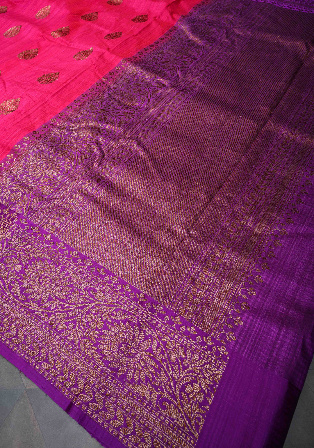Amaranth Pink Pure Banarasi Dupion Silk Saree with Antique Zari Buttas and Contrast Zari Border | SILK MARK CERTIFIED