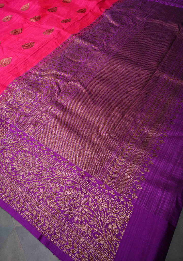 Amaranth Pink Pure Banarasi Dupion Silk Saree with Antique Zari Buttas and Contrast Zari Border | SILK MARK CERTIFIED